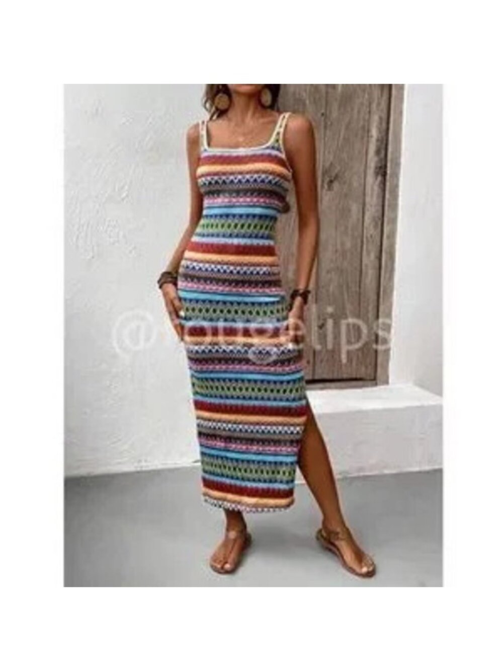 Knit Striped Tank Dress Side Leg Slit Long Ribbed Multicolor Long Slim - Picture 4 of 4